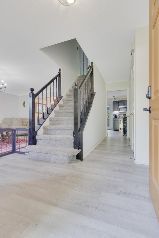 stairway with hardwood / wood-style floors