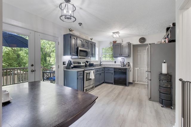 kitchen with a wealth of natural light, appliances with stainless steel finishes, french doors, and light wood-type flooring