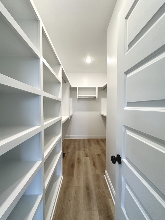 walk in closet with dark hardwood / wood-style flooring