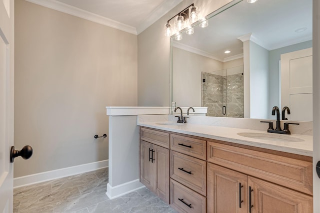 bathroom with crown molding, vanity, and walk in shower