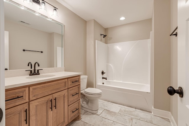 full bathroom with vanity,  shower combination, and toilet