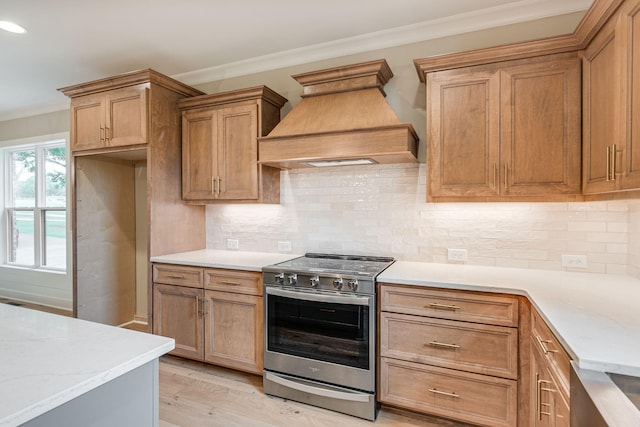 kitchen with crown molding, stainless steel electric range, custom range hood, light hardwood / wood-style floors, and decorative backsplash