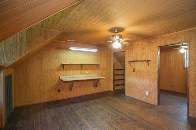 interior space featuring wood walls, ceiling fan, wooden ceiling, and dark hardwood / wood-style floors