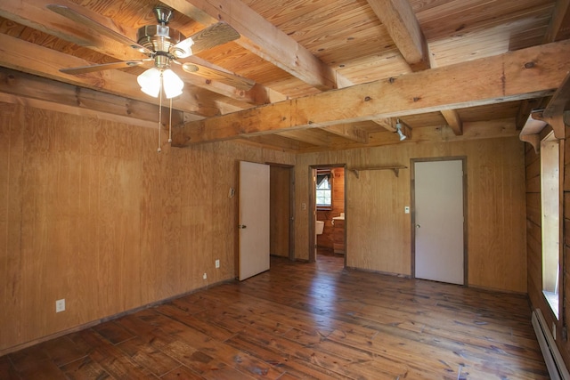 empty room with a baseboard heating unit, wooden walls, ceiling fan, dark hardwood / wood-style floors, and beam ceiling