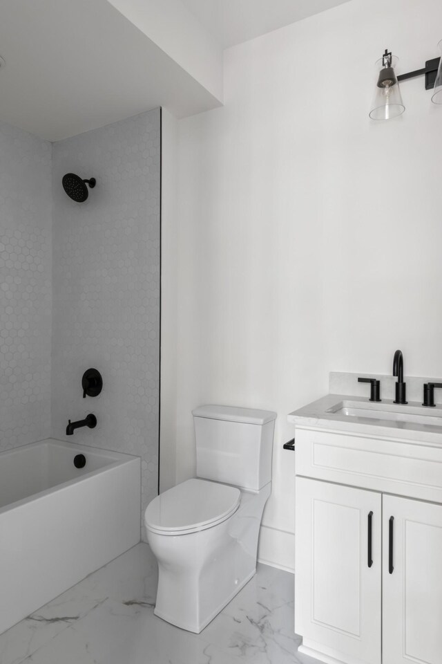 full bathroom featuring tiled shower / bath, tile flooring, toilet, and vanity