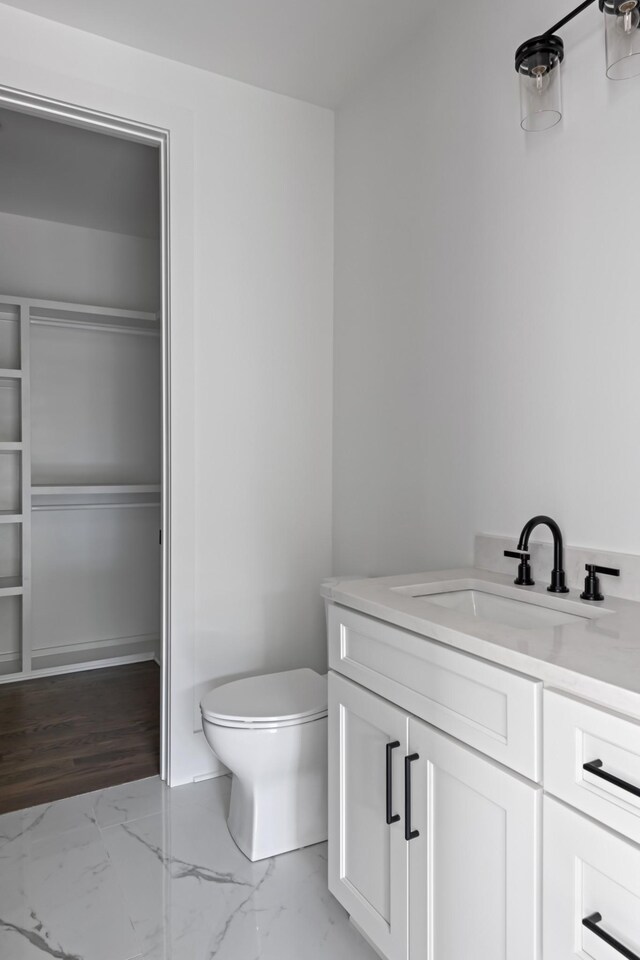 bathroom with vanity, toilet, and hardwood / wood-style floors