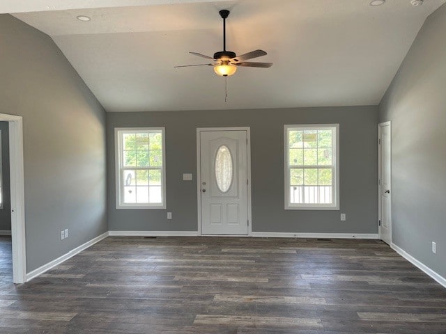 entrance foyer with vaulted ceiling, dark hardwood / wood-style floors, and plenty of natural light