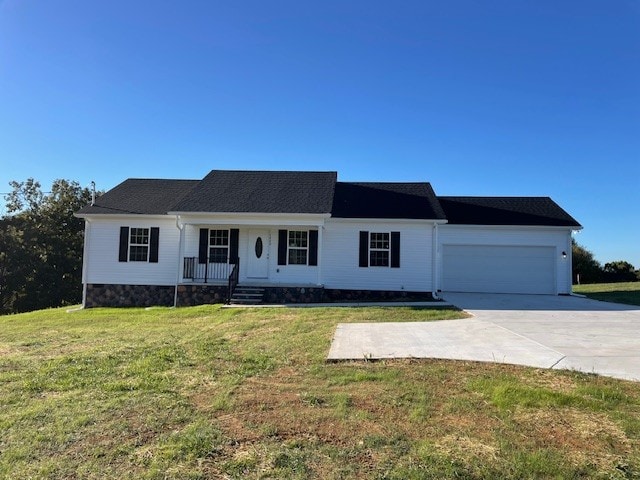 single story home with a garage, covered porch, and a front lawn