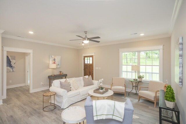 living room featuring ceiling fan, ornamental molding, and light hardwood / wood-style floors