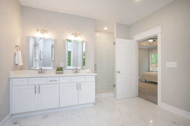 bathroom with dual vanity, walk in shower, ceiling fan, and tile floors