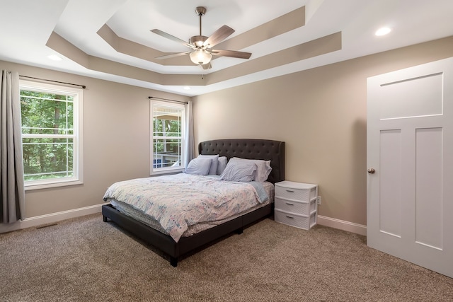 bedroom featuring ceiling fan, carpet, and a tray ceiling