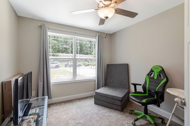 living area featuring carpet and ceiling fan