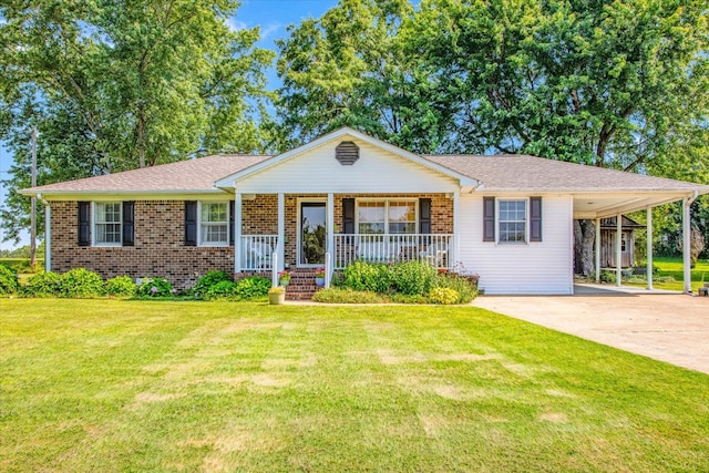 ranch-style home with a porch, a carport, and a front lawn