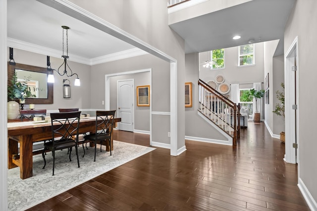 dining space with a high ceiling, ornamental molding, and dark wood-type flooring