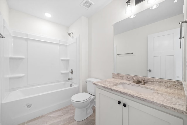 full bathroom featuring vanity, tub / shower combination, and toilet