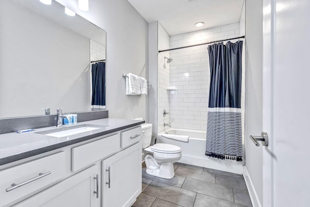 full bathroom with tile patterned floors, vanity, shower / bathtub combination with curtain, and toilet