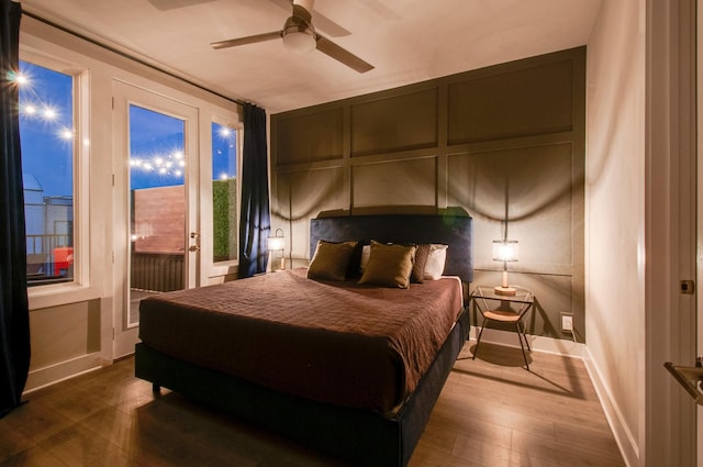 bedroom with ceiling fan and hardwood / wood-style flooring