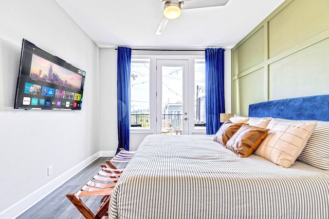 bedroom featuring access to exterior, ceiling fan, and dark wood-type flooring