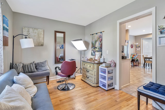 living room featuring light tile floors