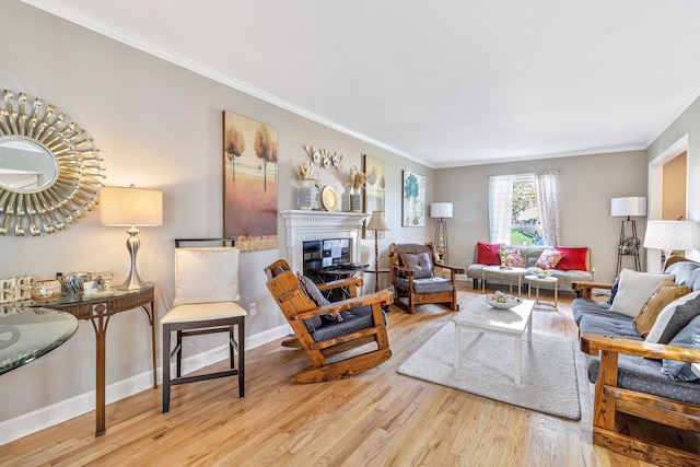 living room with ornamental molding and light wood-type flooring