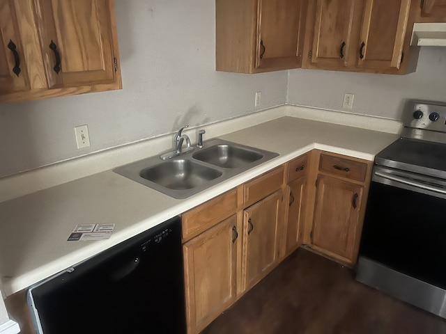 kitchen featuring dishwasher, range hood, stainless steel electric stove, and sink