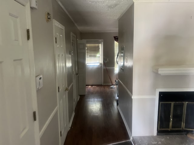 hallway with a textured ceiling and dark hardwood / wood-style floors