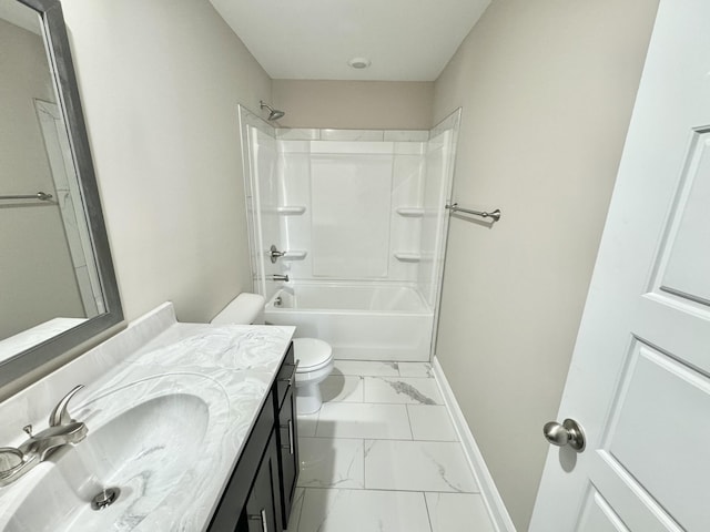 full bathroom featuring vanity, toilet, and washtub / shower combination