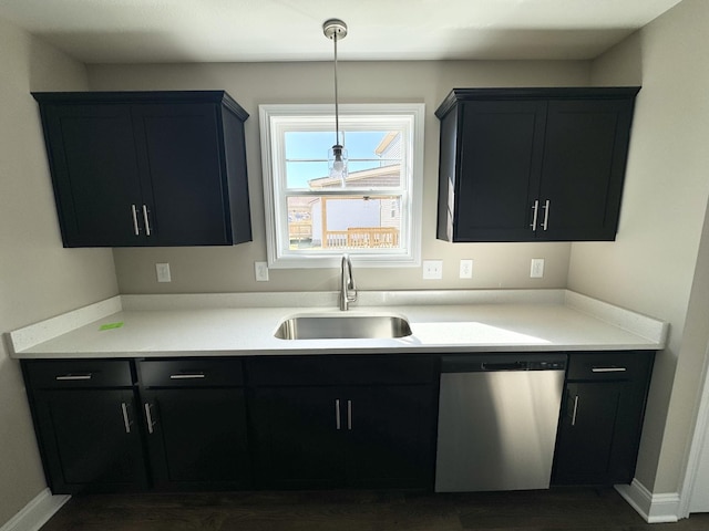 kitchen featuring hanging light fixtures, sink, and stainless steel dishwasher