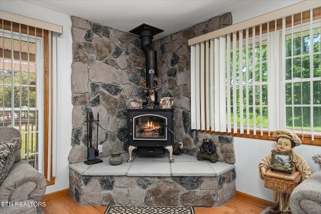 details with wood-type flooring and a wood stove