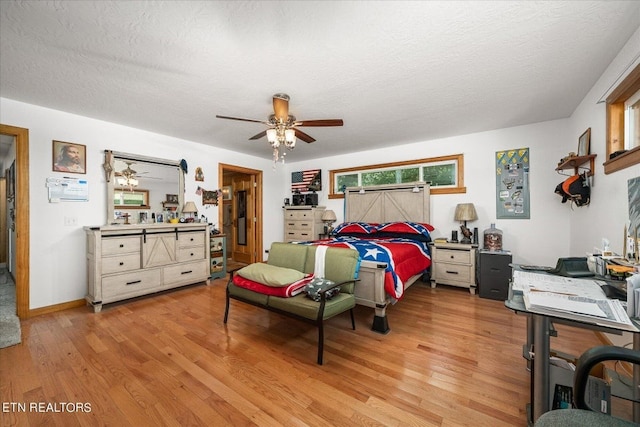 bedroom with a textured ceiling, light wood-type flooring, and ceiling fan