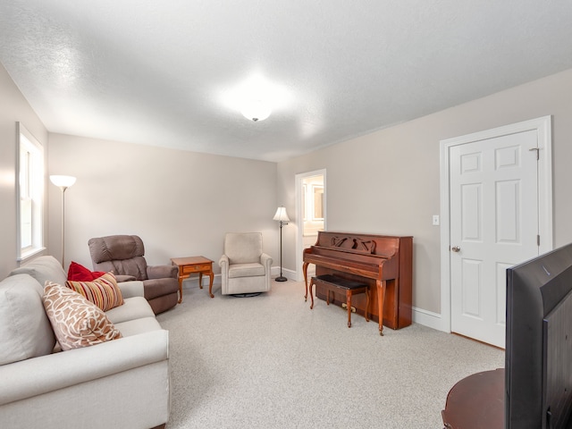 carpeted living room with a textured ceiling