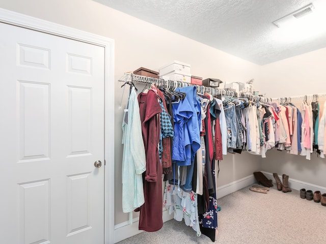 walk in closet featuring carpet flooring