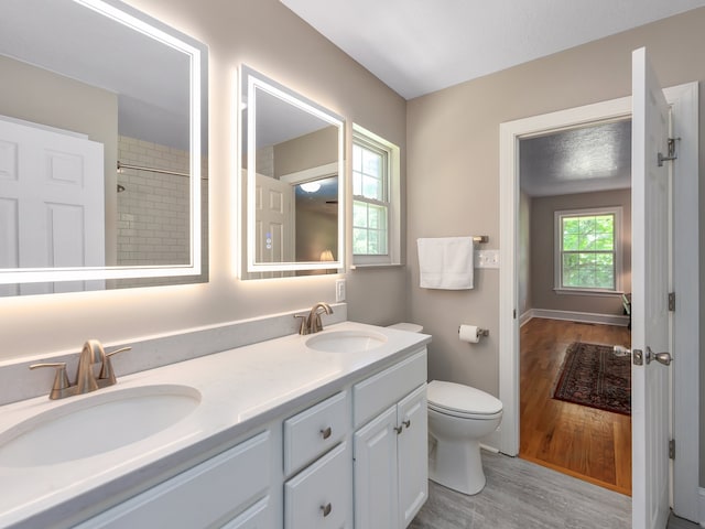 bathroom featuring double vanity, toilet, and hardwood / wood-style flooring