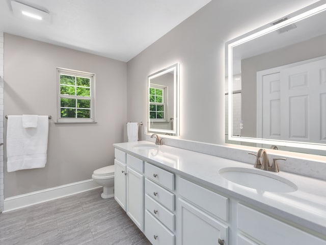 bathroom with double vanity and toilet