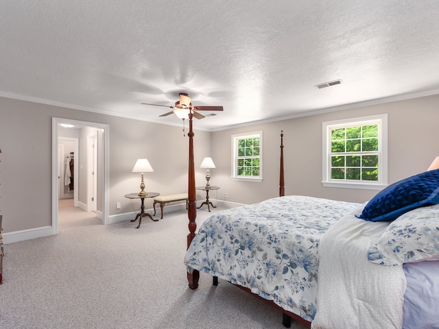 carpeted bedroom with ceiling fan, multiple windows, and a textured ceiling