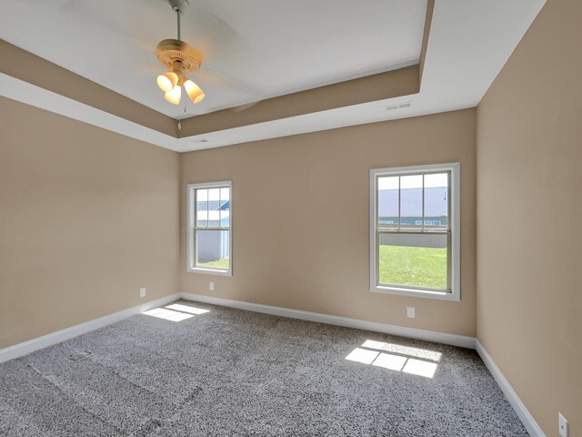 carpeted spare room featuring a raised ceiling, ceiling fan, and a healthy amount of sunlight