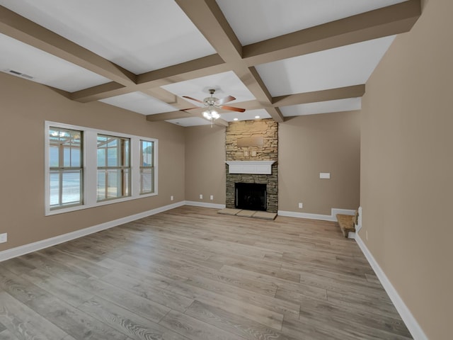 unfurnished living room featuring ceiling fan, coffered ceiling, beamed ceiling, light hardwood / wood-style floors, and a fireplace