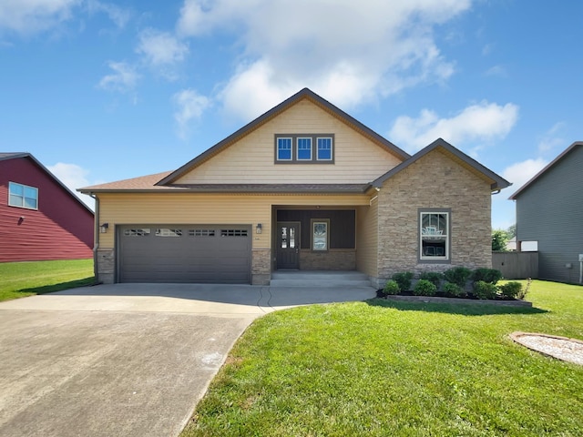 craftsman-style home featuring a porch, a garage, and a front lawn