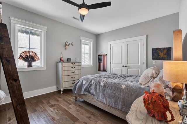 bedroom featuring multiple windows, a closet, ceiling fan, and dark wood-type flooring