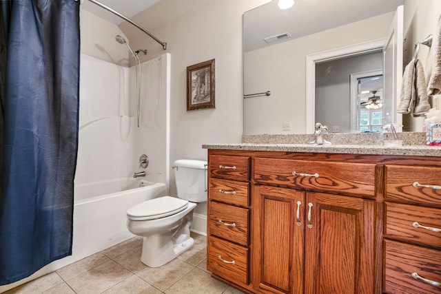 full bathroom featuring vanity, tile patterned floors, ceiling fan, toilet, and shower / bathtub combination with curtain