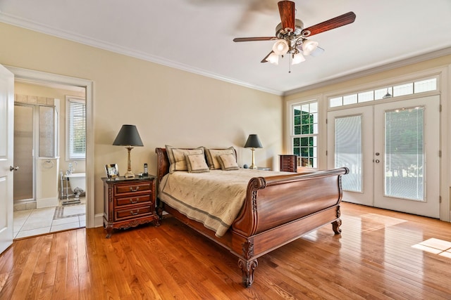 bedroom featuring access to exterior, ceiling fan, french doors, hardwood / wood-style flooring, and ornamental molding