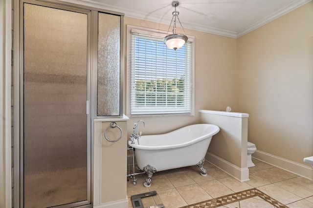 bathroom featuring tile patterned flooring, independent shower and bath, ornamental molding, and toilet