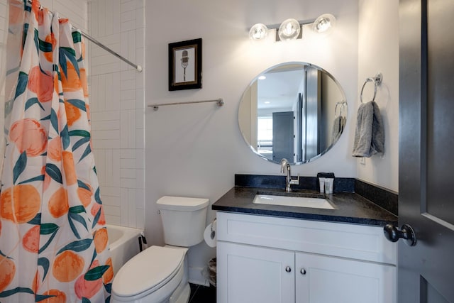 full bathroom featuring vanity, shower / bathtub combination with curtain, and toilet