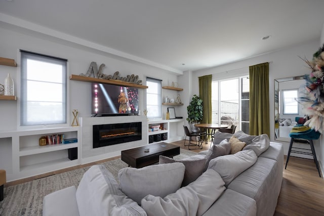 living room with wood-type flooring, built in features, and a fireplace