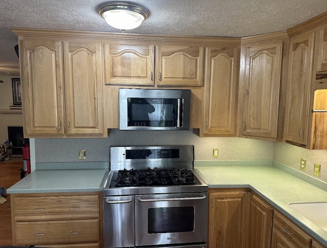 kitchen featuring light brown cabinets, a sink, light countertops, appliances with stainless steel finishes, and a textured ceiling