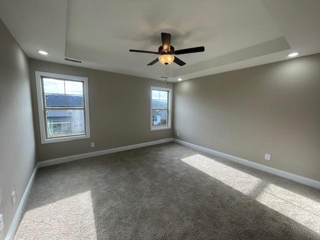 carpeted spare room featuring ceiling fan, plenty of natural light, and a tray ceiling