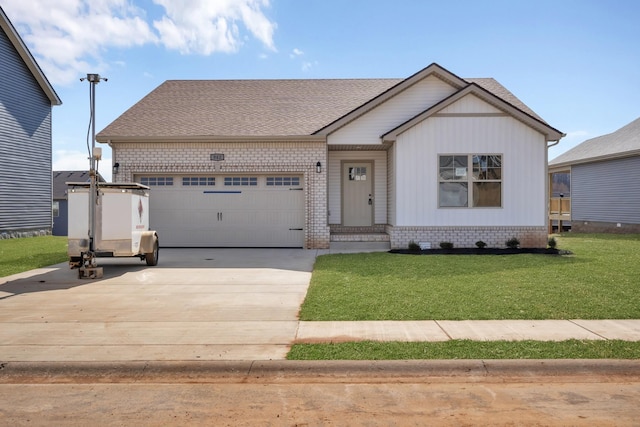 view of front of home featuring a garage, concrete driveway, brick siding, and a front lawn