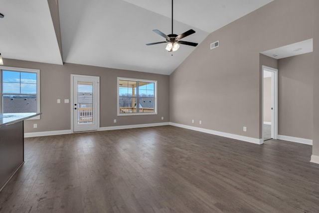 unfurnished living room featuring a healthy amount of sunlight, baseboards, visible vents, and dark wood-type flooring