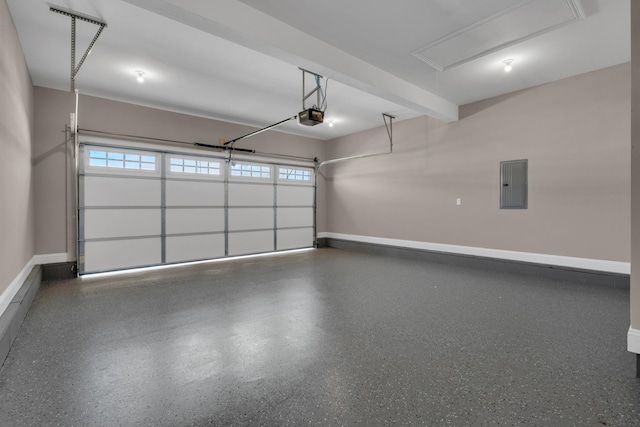 garage with a garage door opener, electric panel, and baseboards