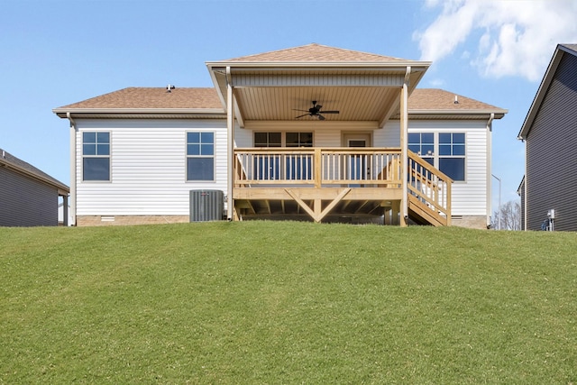 rear view of property featuring a yard, crawl space, central AC, ceiling fan, and a deck